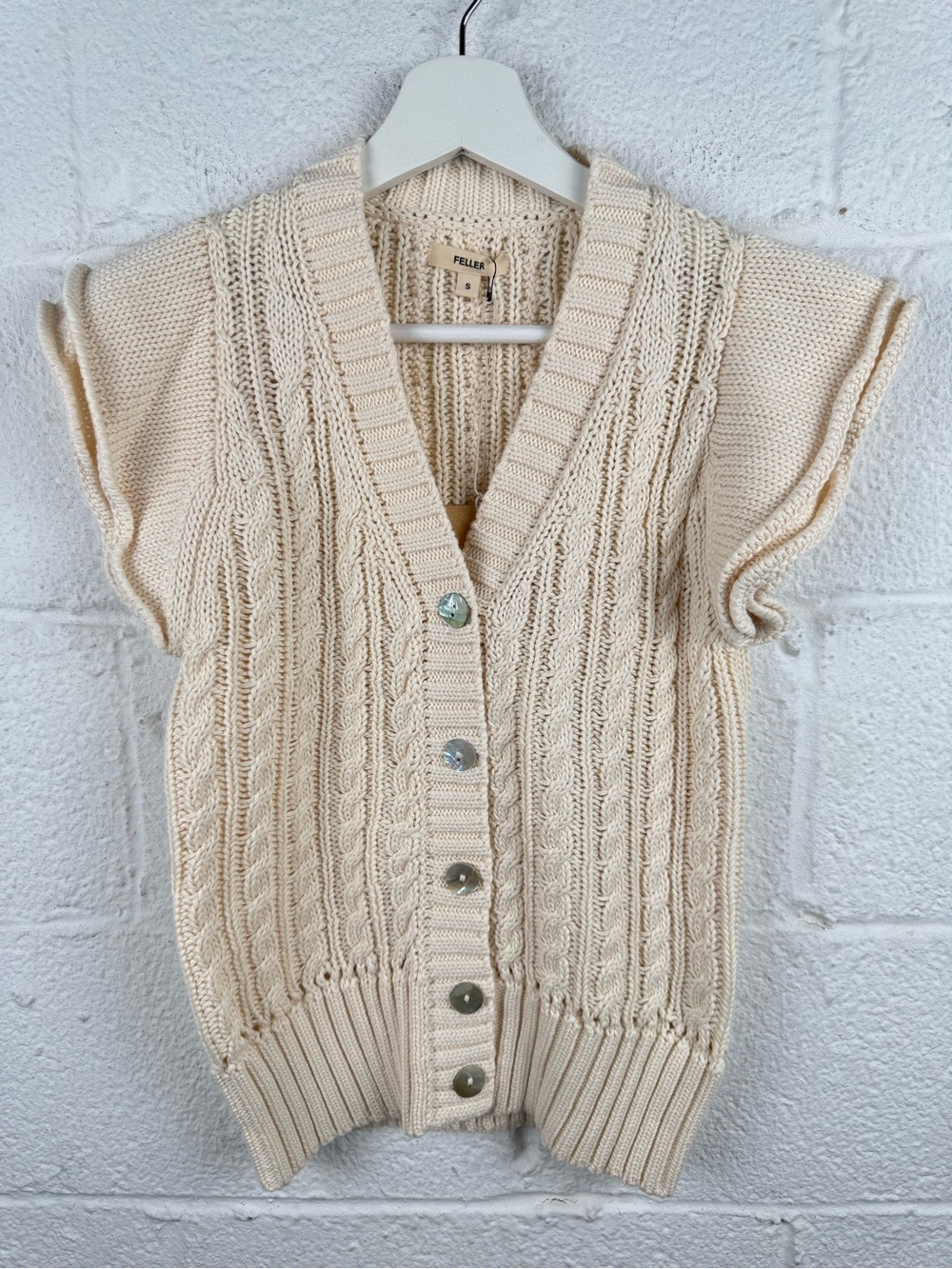 Feller Seattle Giselle Ruffle Cardigan Natural Cable Knit Cotton Small NWT